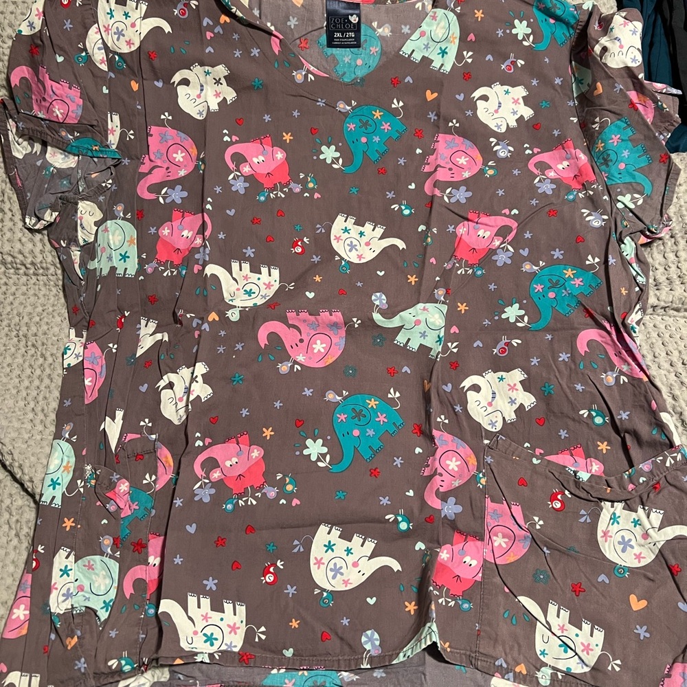 Colorful Elephant Print Scrub Top